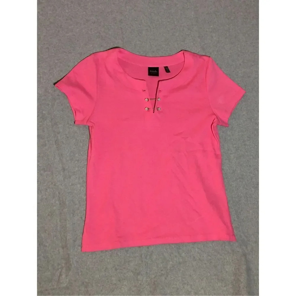 Womens Rafaella Shirt Size XS Petite Pink Pearl Detail V Neck Elevated Cute